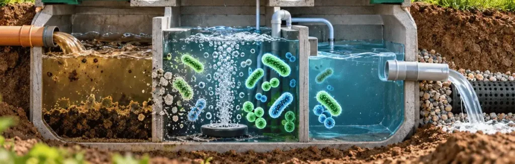 Řez biologickou čistírnou odpadních vod s bakteriemi v komorách